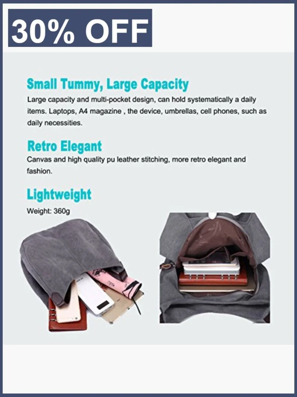 Canvas Multi-Pocket Hobo Tote Shoulder Bag for Women Travel Work Large Capacity